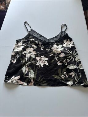 Floral Lace-Trim Satin Cami in Black with Pale Pink & Green Print